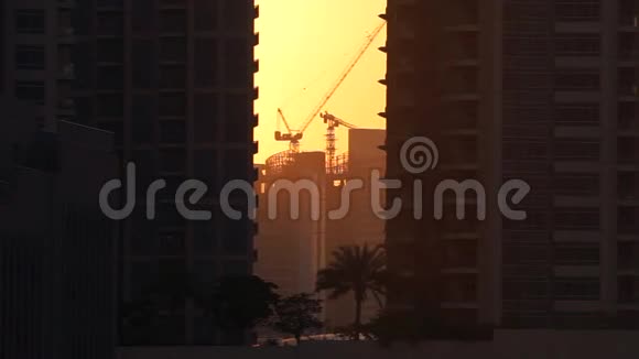 日落时工地和城市背景的塔式起重机视频的预览图