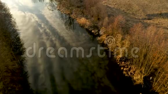 一架四翼飞机沿着一条被干燥的黄色植被包围的春河飞行空中视频视频的预览图