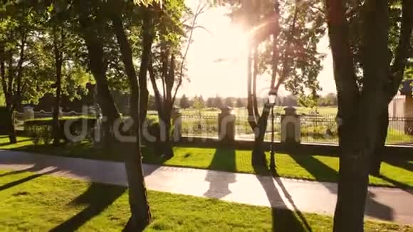 从无人驾驶飞机搬回阳光明媚的公园视频的预览图
