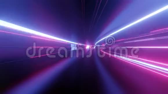 带霓虹灯的4k环形抽象高科技隧道摄像机飞过隧道紫色霓虹灯闪烁科幻小说视频的预览图