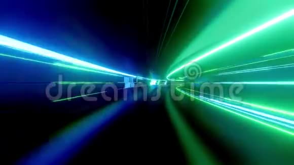 带有霓虹灯的4k环形抽象高科技隧道摄像机穿过隧道蓝色绿色霓虹灯闪烁Sci视频的预览图