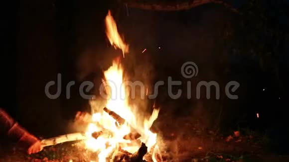 慢动作晚上在森林里河边篝火一个人把一根棍子砸在火上一堆火花视频的预览图