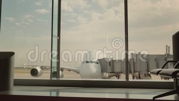 一个带着行李的女人去机场候机楼的一个大窗户窗外你可以看到一架漂亮的客机视频的预览图
