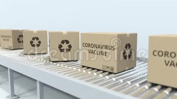带有CORONAVIRUSVACCINE文本的盒子沿着滚筒输送机移动循环三维动画视频的预览图