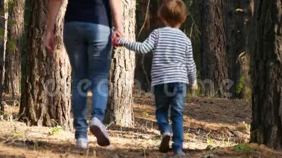 幸福的母子走过树林牵着手这家人在阳光明媚的日子里花时间在户外放松视频的预览图