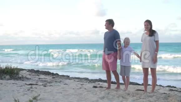 幸福的家庭站在海边手牵手视频的预览图