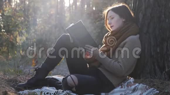 快乐的怀旧女人旅行者在秋天的森林里看书和看日落年轻的模特女游客坐在秋天视频的预览图
