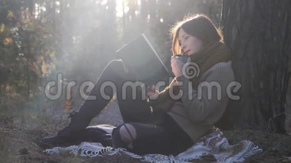 美丽的年轻女性旅行者在秋天公园放松和享受温暖阳光的早晨快乐和平的女人读书视频的预览图