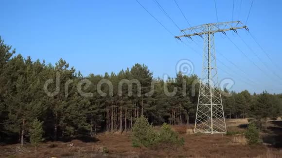 蓝色天空的森林里的电力塔架从左到右的慢镜头视频的预览图
