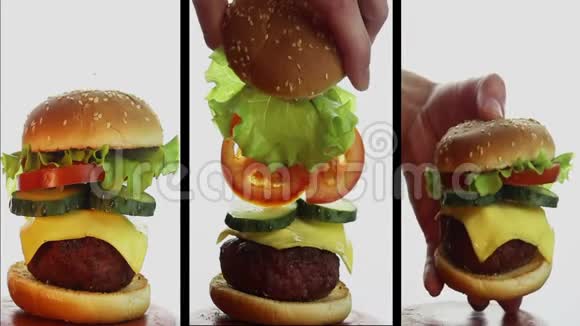 大的多汁汉堡有牛肉切新鲜蔬菜和奶油奶酪年轻人手里拿着汉堡组成视频的预览图