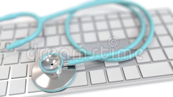 带有DOCTOR文本的计算机键盘上的听诊器现代医学相关概念三维动画视频的预览图