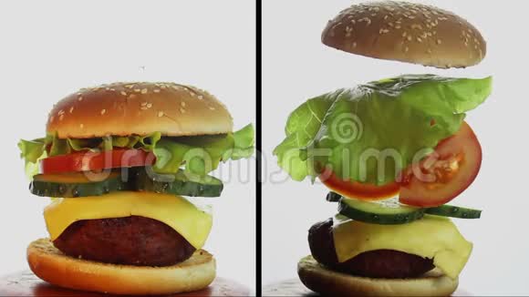 大的多汁汉堡有牛肉切新鲜蔬菜和奶油奶酪一个大汉堡的组成成分视频的预览图