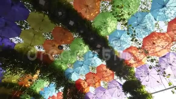 城市公园里的多色雨伞视频的预览图