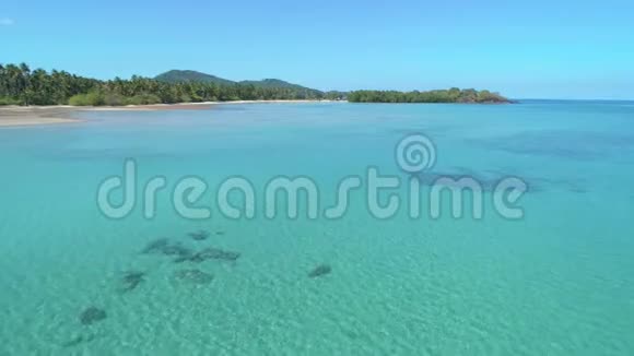 带蓝水的海湾热带沙滩鸟瞰图海景与海沙棕榈树天堂的最高景观视频的预览图