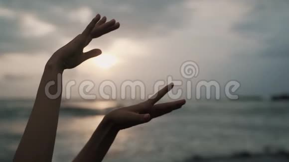 温柔的女人的双手迎着美丽的日落视频的预览图