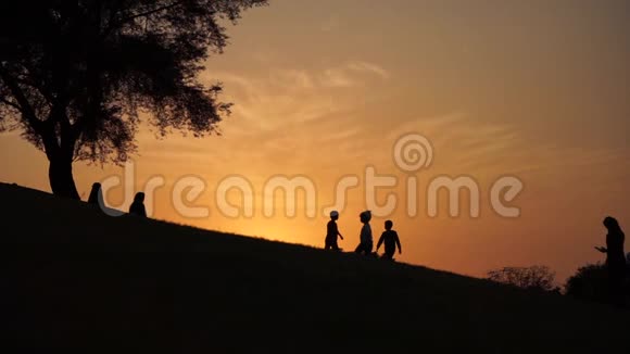 孩子们在日落时慢慢地沿着小山朝树上走视频的预览图