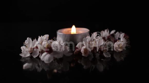 在黑色的背景下燃烧着由花朵环绕的蜡烛视频的预览图