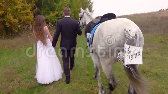 刚结婚的新娘和新郎未婚妻和未婚夫牵着手走领头的马关门视频的预览图