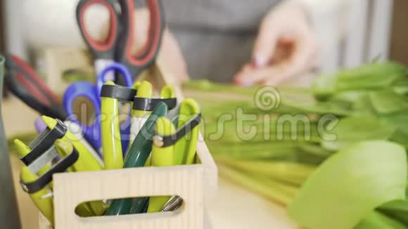 关闭花店或车间的花匠工作工具剪刀和剪刀视频的预览图