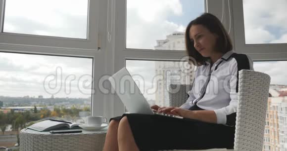 自信聪明的年轻商务女性在笔记本电脑上看显示器等待解决方案并乐于与商业伙伴打交道视频的预览图