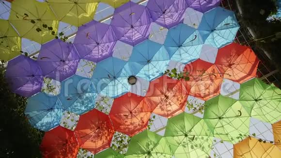 城市公园里的多色雨伞视频的预览图
