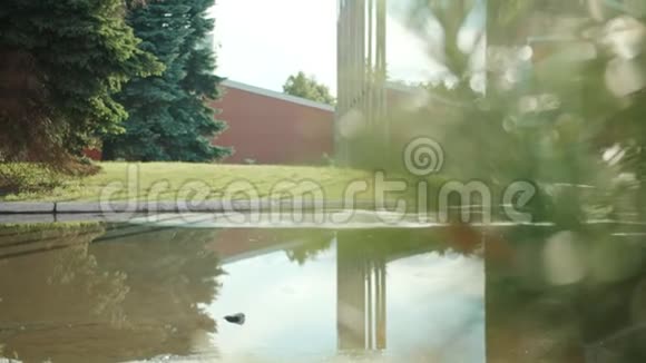 穿着雨衣穿着胶靴在水坑里奔跑的漂亮亚洲女孩慢动作视频的预览图