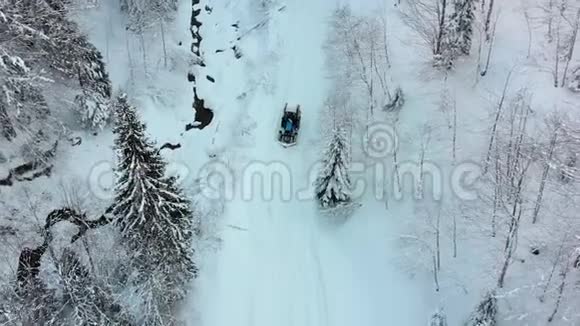 在白雪皑皑的冬林中孤独的拖拉机在小径上的鸟瞰视频的预览图