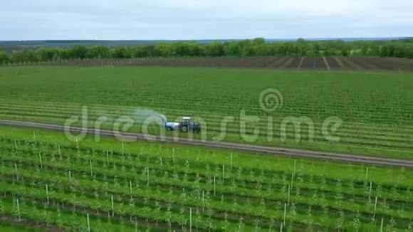 农用拖拉机在苹果园喷洒喷雾器除草剂和农药喷洒化学杀虫剂或视频的预览图