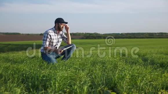 农民作品的肖像在一个年轻的大麦领域使用平板电脑侧视图视频的预览图