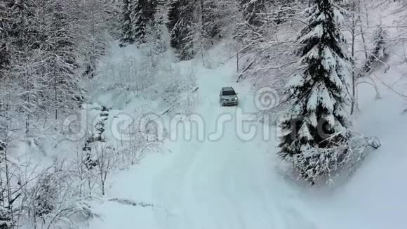 在神奇的冬季森林中骑在雪道上的孤独汽车的鸟瞰图视频的预览图