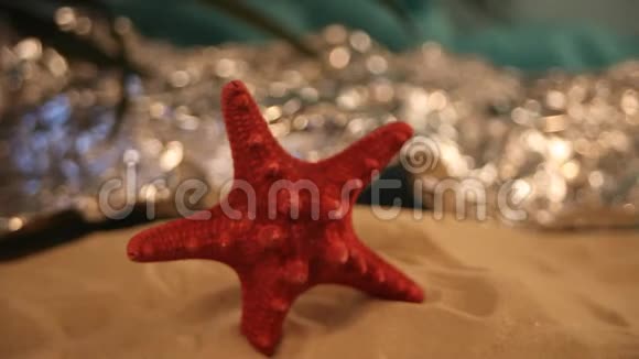白色沙子里的红海星大海从后面闪闪发光视频的预览图