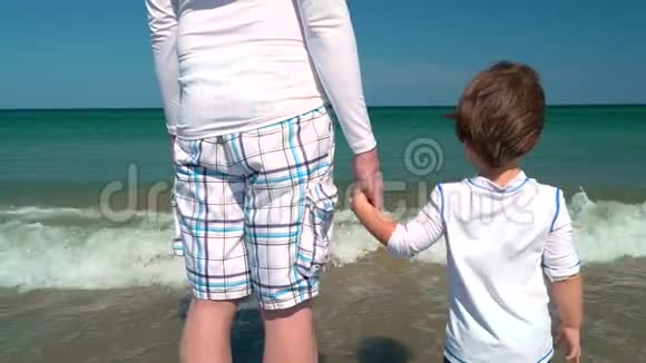 幼儿在海边和父亲牵手视频的预览图