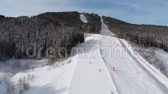 从空中可以看到很多滑雪者沿着滑雪道滑雪者旁边低飞视频的预览图