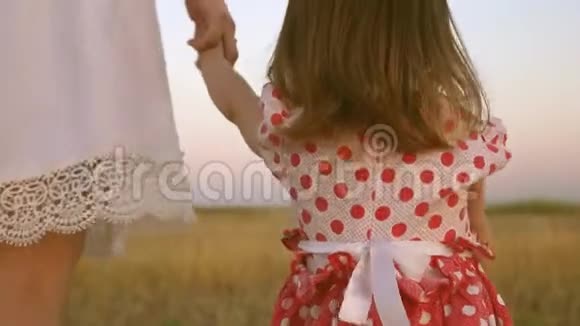 快乐的童年概念孩子牵着妈妈的手一个幸福的家庭在晚上走出城镇妈妈走在田野上视频的预览图