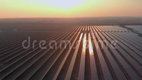 在明亮的夕阳下空中无人机在太阳能农场观看大型太阳能电池板太阳能电池发电厂录像4K视频的预览图
