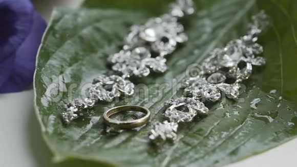 漂亮的耳环和一个金色的订婚戒指在一片潮湿的绿叶上视频的预览图