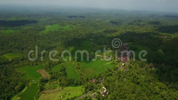 对巴厘岛的绿色景观进行空中摄影观看森林水稻梯田和住宅建筑视频的预览图