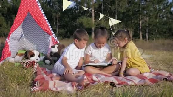 友好的孩子们微笑的孩子们周末在森林里放风筝牵着手在草地上暑假视频的预览图