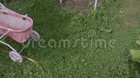 花园里被遗弃的婴儿车视频的预览图