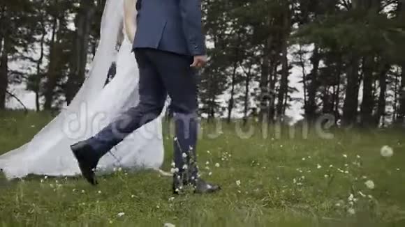 幸福的新娘和新郎走在绿草上视频的预览图