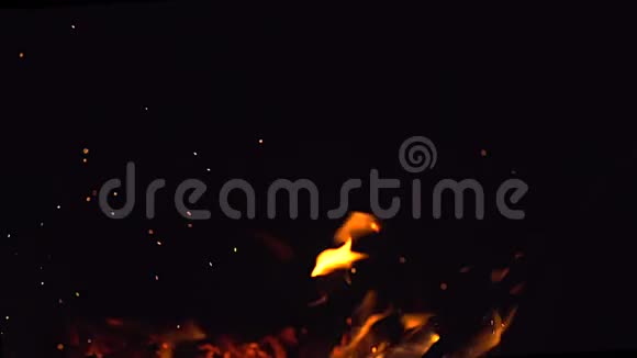 火苗和许多明亮的火花在夜间缓慢地从火中飞来视频的预览图