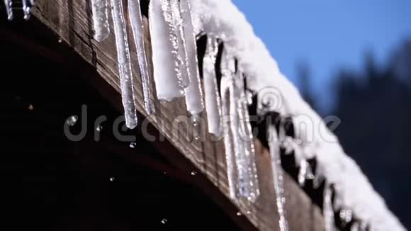冰柱融化并滴在太阳上挂在木屋的屋顶上慢动作视频的预览图
