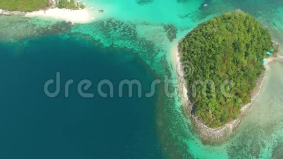有棕榈树和白色沙滩的热带岛屿的鸟瞰图令人惊叹的热带岛屿位于视频的预览图