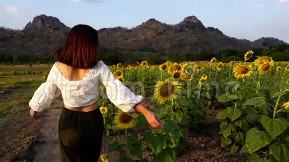 泰国罗布里高珍莱欢快的女人与向日葵一起奔跑和享受视频的预览图