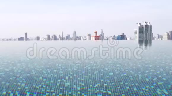 豪华公寓俯瞰城市天际线的屋顶蓝色游泳池视频的预览图
