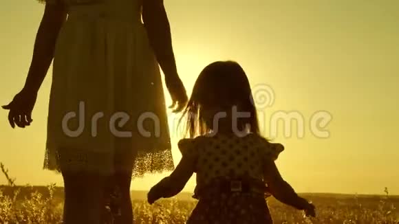 小女儿和妈妈牵着手在田野里走来走去宝贝牵着妈妈手幸福的一家人晚上出去散步视频的预览图