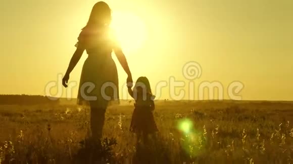小女儿和妈妈牵着手在田野里走来走去宝贝牵着妈妈手幸福的一家人傍晚走出家门视频的预览图