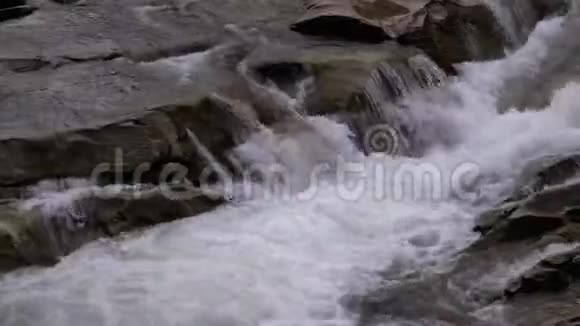冬天的瀑布普鲁特从山溪和带雪的石急流中快速流出的水视频的预览图