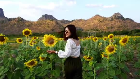 泰国罗布里高珍莱与向日葵一起散步和享受的女人视频的预览图