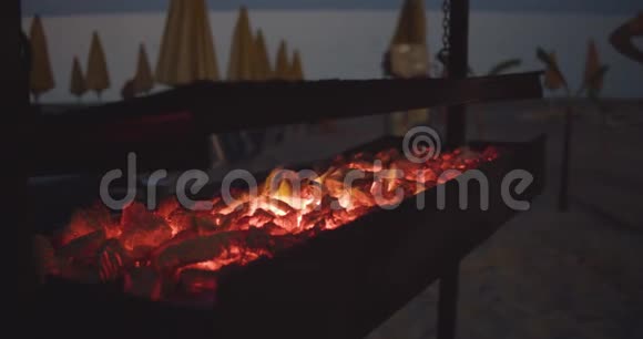 海滩上烤架上的红色发光的煤海滩烧烤晚上好慢动作视频的预览图